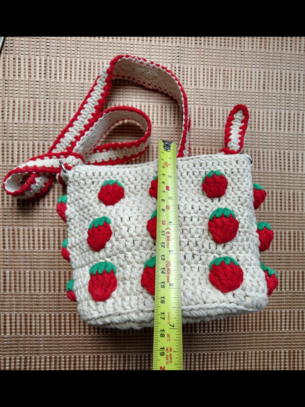 Handmade Cream Crochet Strawberry Crossbody Bag with Red Strap, Boho Tote Bag - Picture 7 of 14